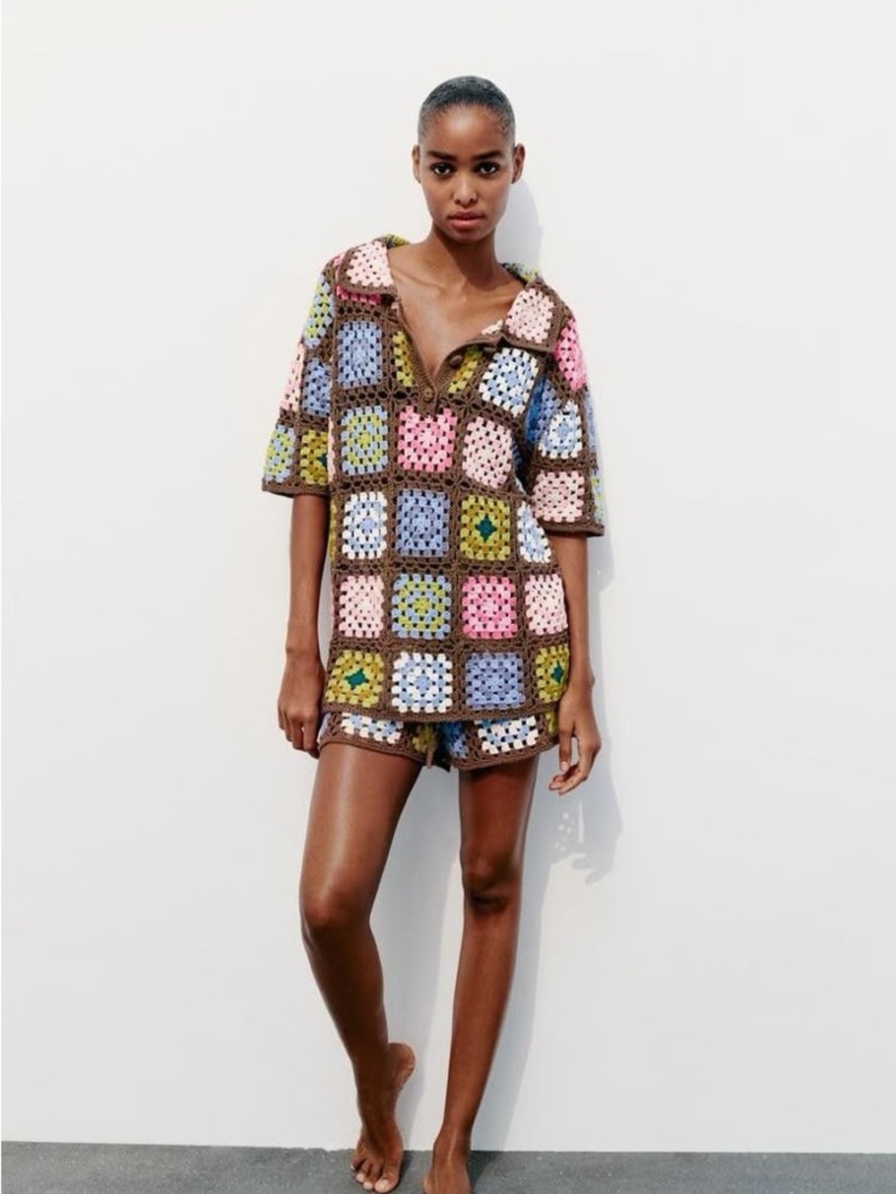 Zara Multicolor Crochet Square Tunic Coverup and shorts